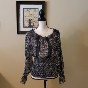 Multi Earth Tone Waist & Wrist Smocked Blouse